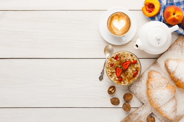 Traditional french breakfast background copy space