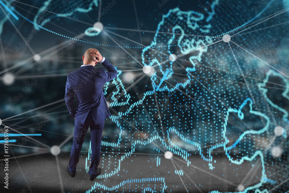 Poster technology network world map displayed on a futuristic interface