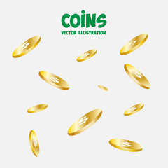 Gold coins falling 3d realistic vector coin icon isolated on black. Feather coins