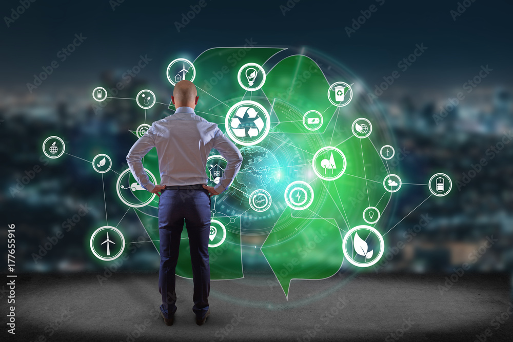 Poster view of a technology ecologic interface with icon displayed on a technology interface