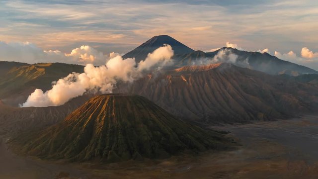 Time lapse of active volcano Bromo (Gunung Bromo) with smoke.  East Java, Indonesia.  UHD 4K