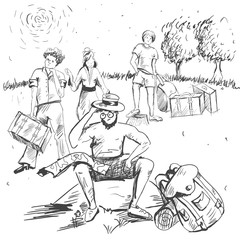 Comic strip. Man sitting on a stone and thinking. Tourism.