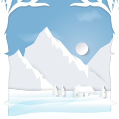 Winter season with  mountain cabins scenes background paper art style