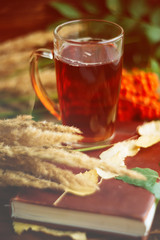 green circle in the scarf, the window with maple leaves and drops after rain in autumn / season when you need warm drinks