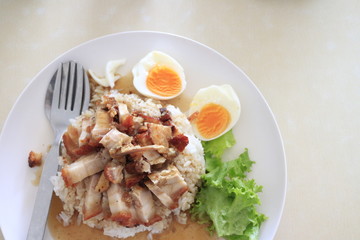 crispy pork or roasted pork belly with rice and boil egg