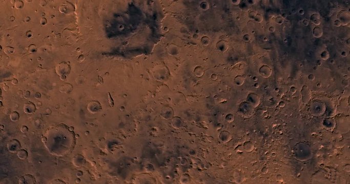Very high altitude aerial flyover of Mars' western Iyapygia region. No HUD. Clip is reversible and can be rotated 180 degrees. Data: NASA/JPL/USGS