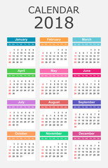 Calendar 2018 year in simple style. Calendar planner design template. Week starts on Sunday. Business vector illustration.