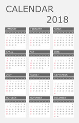 Calendar 2018 year in simple style. Calendar planner design template. Week starts on Sunday. Business vector illustration.