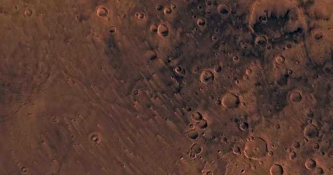 Very high altitude aerial flyover of Mars' eastern Mare Tyrrhenum region. No HUD. Clip is reversible and can be rotated 180 degrees. Data: NASA/JPL/USGS