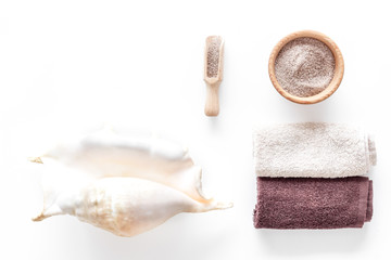 Sea salt from dead sea and shell in cosmetics set for spa on white background top view copyspace