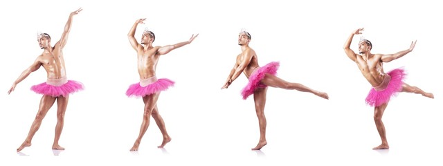 Man wearing ballet tutu isolated on white