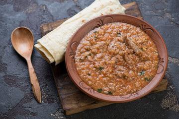 Traditional georgian soup kharcho served in a clay plate with lavash, horizontal shot