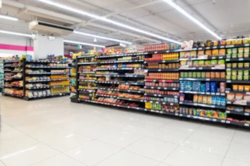 Foto op Plexiglas Abstract blurred in supermarket  and commodity product on shelf © Maha Heang 245789
