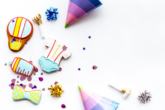 Cook Gingerbread Cookies For Baby Shower And Ticker Tape On White Background Top View Mockup