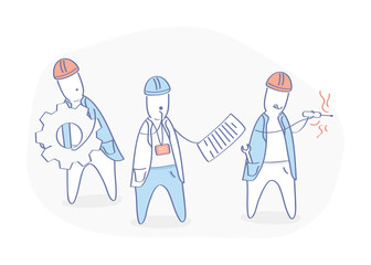 Engineering construction workers architect and surveyor characters with repair equipment. Flat outline vector illustration set.