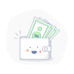 Profit or Money Income icon concept. Happy wallet with Cash, Earnings. Cute premium quality vector illustration for Website Element, Mobile websites, Apps. Cartoon concept,