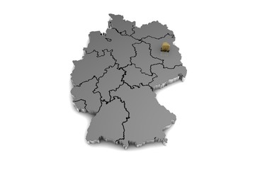 Metal germany map, with Berlin region, highlighted in gold.3d render