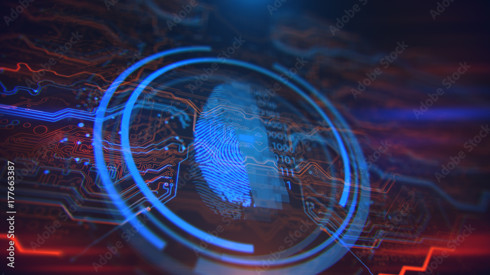 Poster access control. fingerprint security. cybersecurity and information technology. blue, red background
