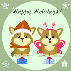 Christmas card with two cute puppy corgi in carnival costumes, sitting next to a gift box, in a round frame.