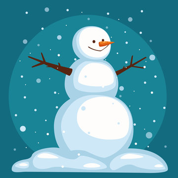 Cartoon Snowman on sky background. Snowman under the snow. The snowman stands in the snow. smiling snowman with open arms. vector illustration