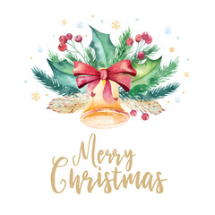 Fototapeta na wymiar Merry Christmas watercolor bouquets card with floral elements. Happy New Year lettering posters. Winter flower holy jolly decoration.
