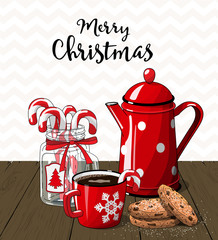 Red vintage coffee pot with cup. glass jar with candy canes and cookies on brown wood, with text Merry Christmas, illustration in country style