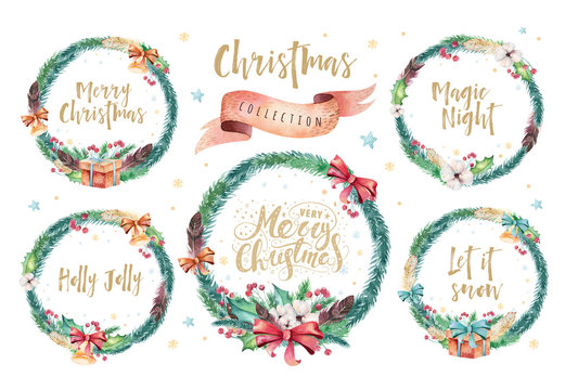 Merry Christmas watercolor cards with floral elements. Happy New Year lettering posters. Winter xmas flower and branch wreath decoration.