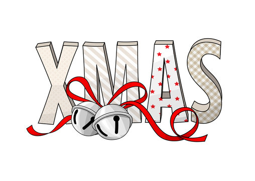 abstract text XMAS with jingle bells, holiday theme, illustration