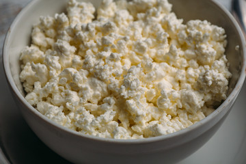Cottage cheese or curd in bowl, healthy diet organic food