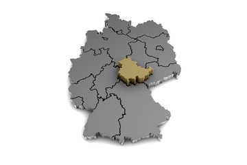 metal germany map, with Thuringia region, highlighted in gold.3d render