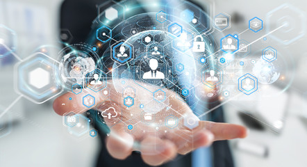 Businessman using social network interface 3D rendering