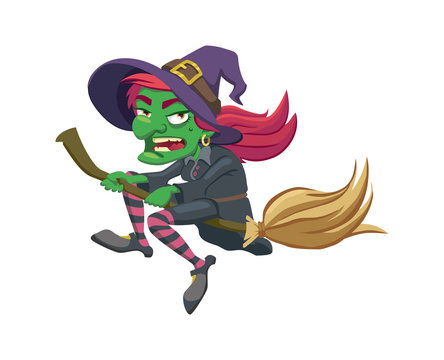 witch flies on her broom. vector illustration