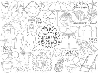 Doodle summer vacation travel set ocean beach resort sketch
