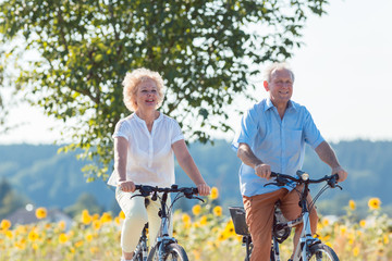 Aktives Senioren Paar beim Fahrrad fahren, Mann und frau sind beide fit