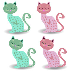 Set of four cute cats in pastel colors with hearts. Drawing for cups, decorations, postcards