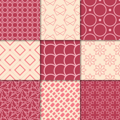 Cherry red and beige geometric ornaments. Collection of seamless patterns