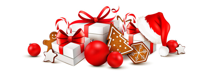 Weihnachtsgeschenke mit Lebkuchen, Dekoration und Nikolaus Mütze