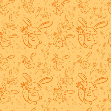 Seamless carrot pattern  with funny doodle rebbit