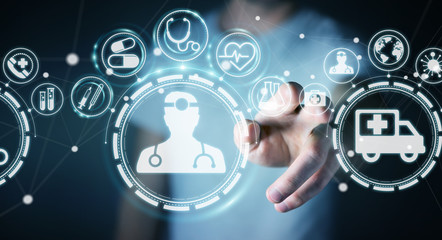 Businessman using digital medical interface 3D rendering