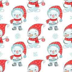 Christmas seamless pattern with cute snowman and snowflake