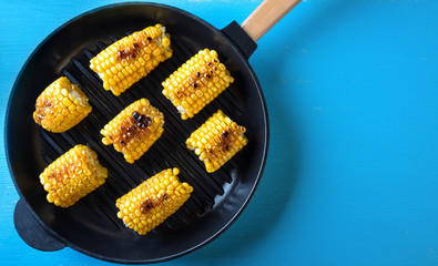 Hot baked corn in a frying pan