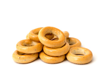 A bunch of bagels on a white