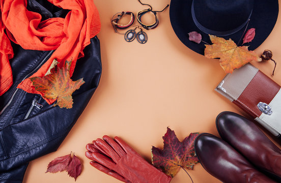 Autumn female outfit. Set of clothes, shoes and accessories