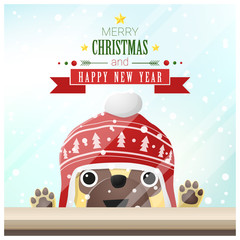 Merry Christmas and Happy New Year background with dog standing behind window , vector , illustration