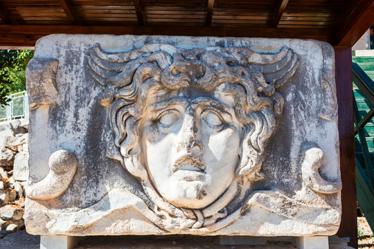Head of Gorgon, fragment of freeze, 2nd century AD at the Apollo Temple in Didym, Tukey.