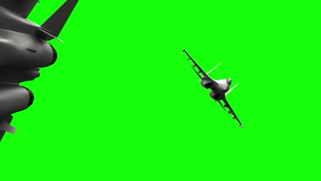 3d rendered animation of fighter jet in flight on green screen
