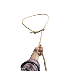 A lasso loop in the male hands , close-up on isolated white background.