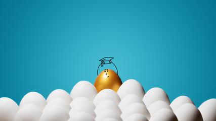 Concept of education, online education, achieving the goal, success and ambition. A smiling golden egg with funny drawn face and with a graduation hat cap on his head white eggs on blue background. - obrazy, fototapety, plakaty