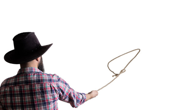 Loop of lasso in the hands of a cowboy, close-up on isolated white background.