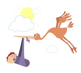 Flying bird holds a baby in the beak. Baby was brought by a stork concept illustration 
